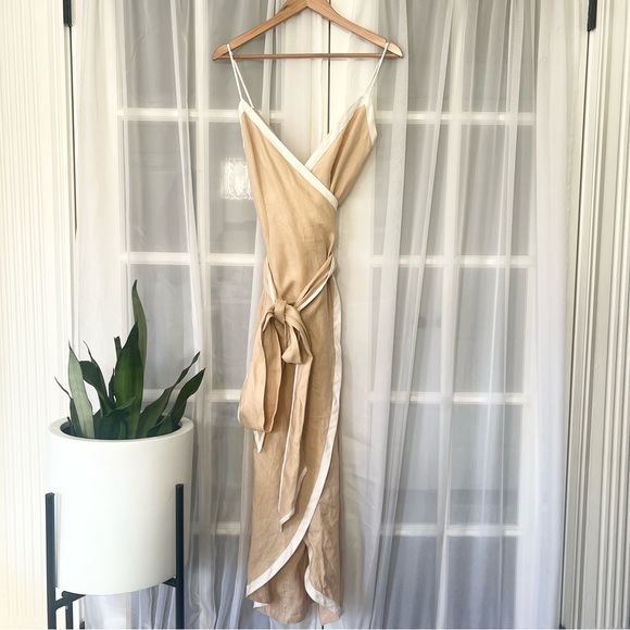 Anthropologie Azulu Vitoria Camel Linen Contrast Colorblock Wrap Dress Sz XS - Picture 2 of 12